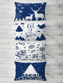 4pcs/set Blue Background 2pcs Deer & Pine Trees / White Background Pine Trees & Snowflakes Pattern Pillow Covers