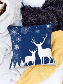 4pcs/set Blue Background 2pcs Deer & Pine Trees / White Background Pine Trees & Snowflakes Pattern Pillow Covers