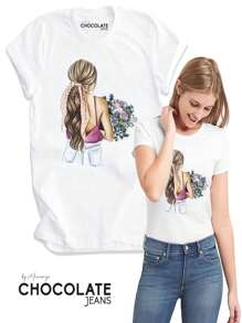 Koko Beautiful Chocolate Jeans T-Shirt With Rhinestones One Size - Hot Pink - View 1