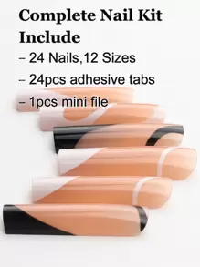 24 piezas de nuevas uñas con estilos de rayas blancas sobre fondo negro en forma de ataúd con presión súper larga, adecuadas para uso diario, con 1 archivo de uñas y 1 gel para uñas incluido como suministros para uñas uñas falsas uña falsa uña acrílica - Multicolor - Ver 4