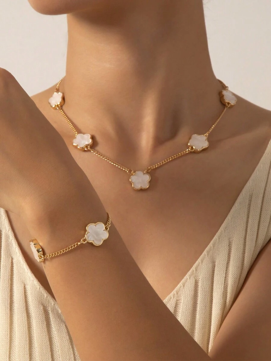 1pc Metal Clover Flower Bracelet & 1pc Necklace Set, Sweet & Lucky - White - View 1