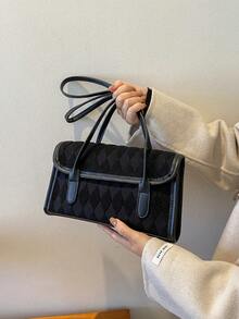 Fall/Winter New Arrival Fashionable Plush Material Casual Simple Commuting Diamond Shaped Grid Shoulder Small Square Bag - Black - View 2