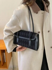 Fall/Winter New Arrival Fashionable Plush Material Casual Simple Commuting Diamond Shaped Grid Shoulder Small Square Bag - Black - View 4