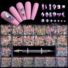 21 Grids Nail Art Flatback Rhinestone Set, 2500 Pcs Round Rhinestone & 600 Pcs Flatback Asymmetrical Shape Rhinestone With Glue Applicator And Storage Box For Nail Diy Decoration Nail Charms Nail Gems Nail Supplies - 彩色 - 查看 2
