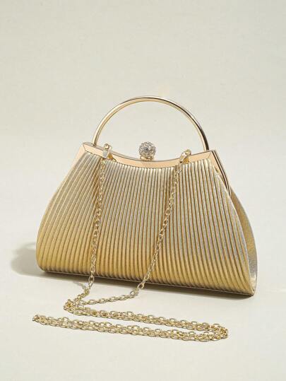 1 PC Ruched Evening Bag For Women, Elegant Pleated Kiss-Lock Closure Evening Bag,Shinny Metal Holder Frame Cross Body Clutch Bag,Kiss Lock Dinner Bag