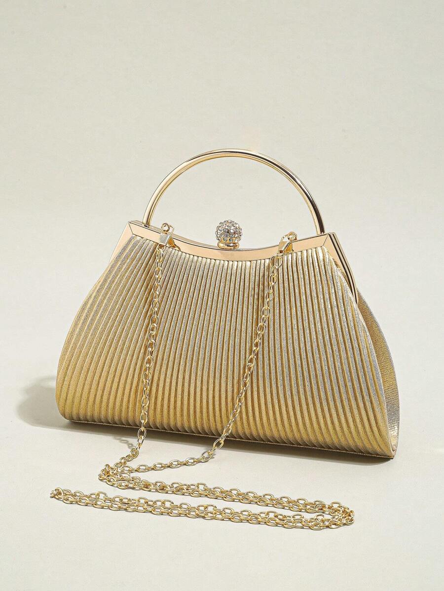 1 件女士褶皱晚装包，优雅褶皱吻锁扣晚装包，闪亮金属支架斜挎包，吻锁晚宴包 - 金色 - 查看 1