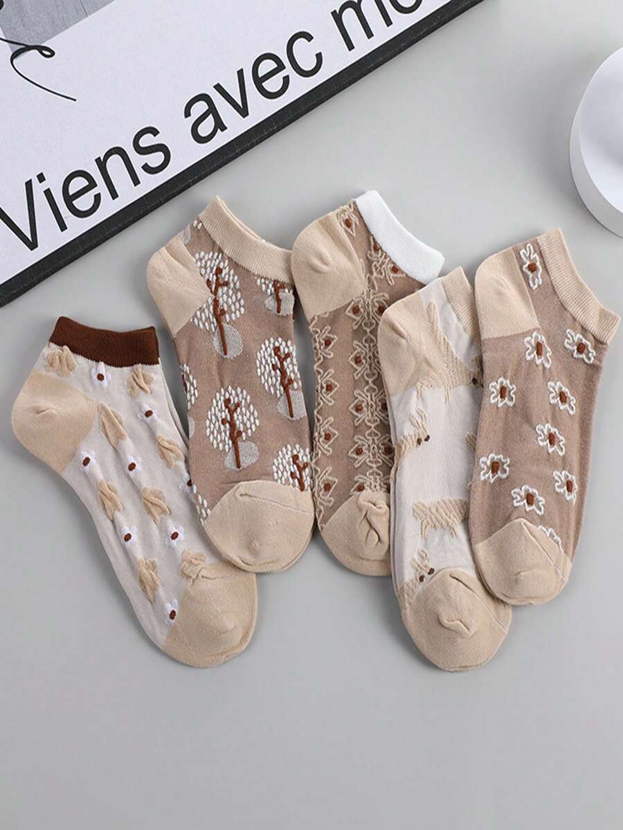 5 Pares/paquete De Medias Bajas Retro Para Mujeres Con Estampado Floral Con Relieve Y Color Aleatorio, Adecuado Para El Uso Diario - Multicolor - Ver 1