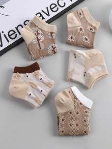 5 Pares/paquete De Medias Bajas Retro Para Mujeres Con Estampado Floral Con Relieve Y Color Aleatorio, Adecuado Para El Uso Diario - Multicolor - Ver 2