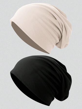 2 件装女士双层纯色无檐帽子，百搭时尚针织帽，帽子，头巾，冬季秋季