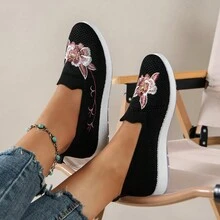時尚刺繡設計女性休閒一腳蹬針織平底鞋帶軟底 - 黑色 - 查看 2