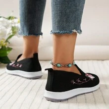 時尚刺繡設計女性休閒一腳蹬針織平底鞋帶軟底 - 黑色 - 查看 4