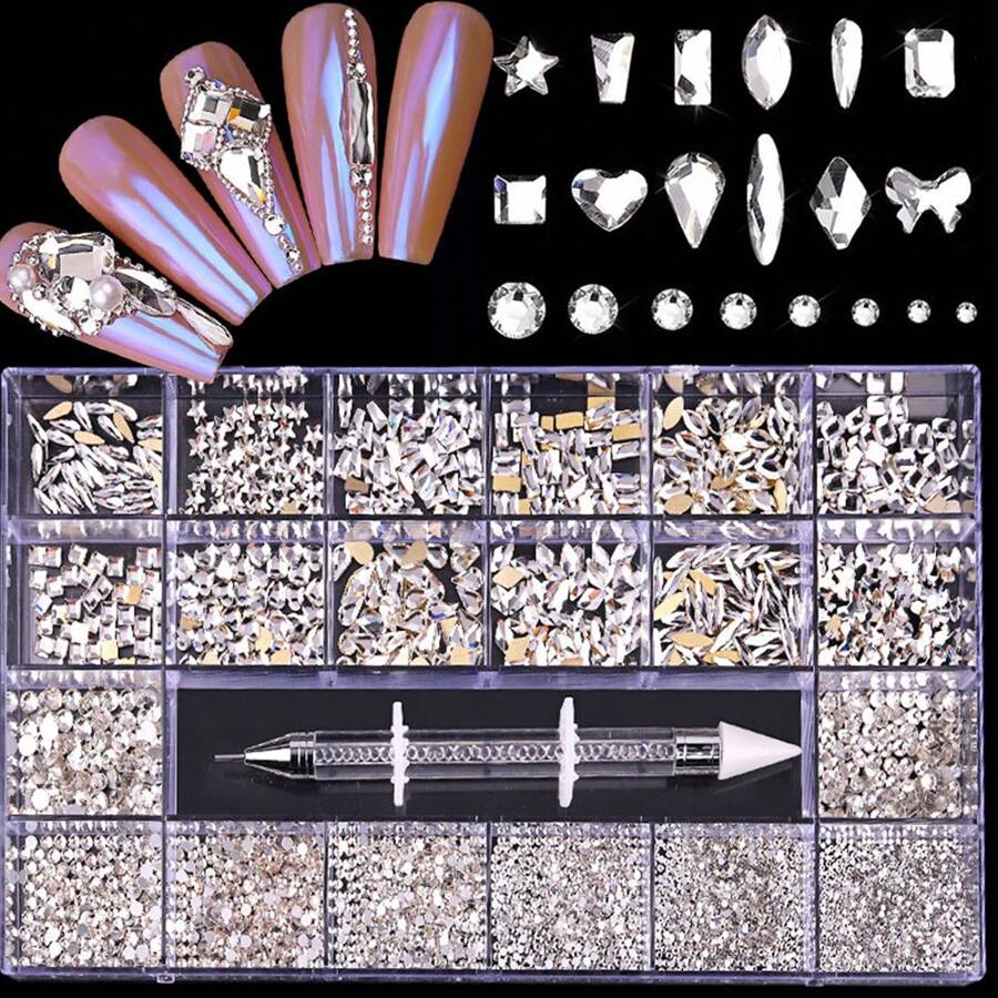 Nail Art Flat Back Rhinestone Set, 21 Compartments Storage Box With 2500pcs Round Rhinestones And 600pcs Asymmetrical Shaped Rhinestones, Including Glue Pen, Suitable For DIY Nail Decoration - 白色 - 查看 1