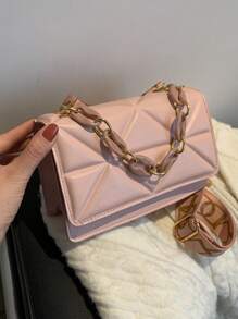 迷你链条装饰翻盖方形包 宽肩带斜挎包