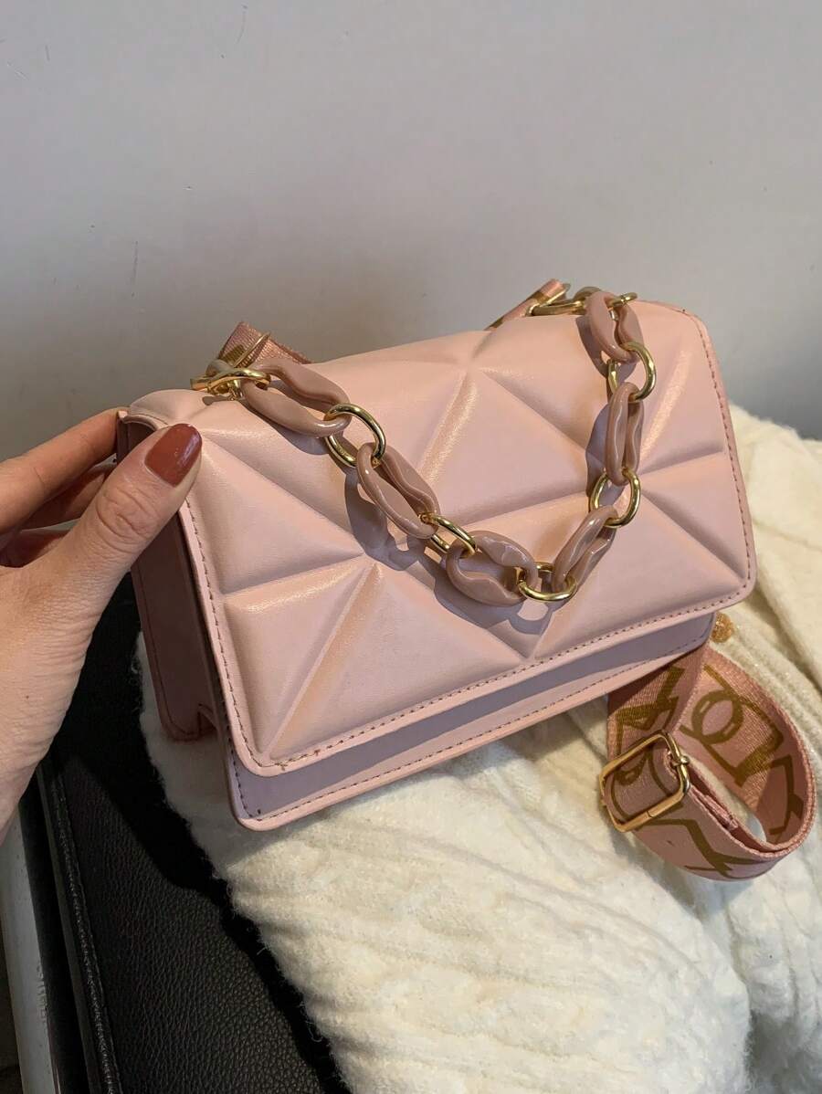 迷你链条装饰翻盖方形包 宽肩带斜挎包