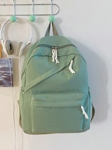 1 件装新款尼龙甜美柔软纯色大容量学生书包新款大学生简约纯色背包防水尼龙书包青少年女生书包旅行背包 - 綠色 - 查看 6