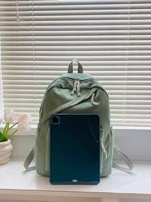 1 件装新款尼龙甜美柔软纯色大容量学生书包新款大学生简约纯色背包防水尼龙书包青少年女生书包旅行背包 - 綠色 - 查看 9