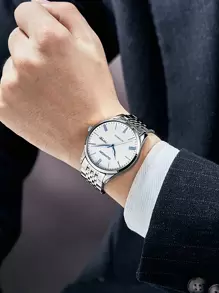 Guanqin Gj16183男士白色錶殼,白色錶盤,藍色釘,不鏽鋼機械錶芯,具備日曆和夜光功能,適合日常佩戴 - 白色 - 查看 3