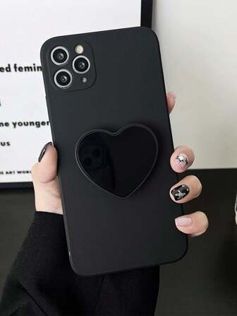 1入組黑色防摔TPU手機殼和1入組360°旋轉摺疊心形手機支架，適用於蘋果，三星，小米，華為，OPPO手機