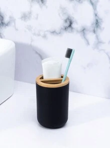 6pcs/Set Simple Bamboo Cover Bath Set Toothbrush Holder Kit Wash Gargle Bathroom Accessories Soap Dish Shower Gel Bottle Wash Cup Toilet Brush Trash Can Home Bathroom Decor Bathroom Accessories Bathroom Organizer - Black - View 5
