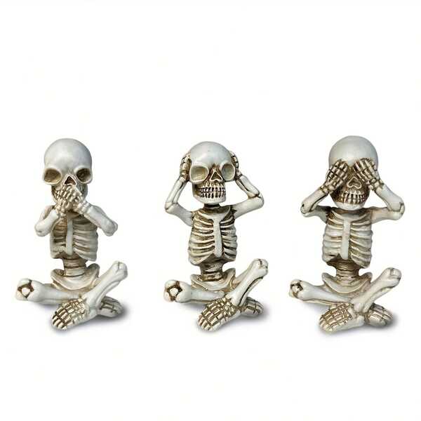 3 pièces Statues de squelette - Écouter, Regarder, Parler du mal Bébé Statues d'Halloween Décoration de la maison, Résine d'huître blanche