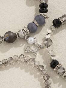 3入組婦女波希米亞水晶珠子和銀質合金方塊彈性手鍊,半透明灰色 - 黑色 - 查看 4