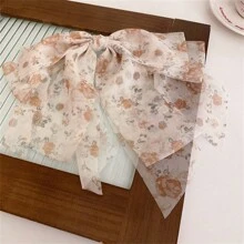 1pc Small Floral Print Chiffon Streamer Hair Clip, Extra Large Size - Multicolor - View 3