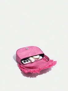 女性用牛仔和粉色色彩流蘇裝飾的半圓形迷你斜挎包,適用於約會和旅行 - 粉色 - 查看 4