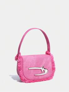 女性用牛仔和粉色色彩流蘇裝飾的半圓形迷你斜挎包,適用於約會和旅行 - 粉色 - 查看 2