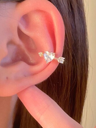 1pc Arrow Through Heart Shaped Cz Crystal Decor Clip-On Earring, Personalized Without Piercing For Women's Daily Wear