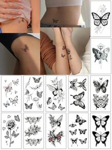 12入女士高品質仿真黑蝴蝶刺青貼紙套裝,防水,適用於手臂、手指、背部、鎖骨 - 黑色 - 查看 1