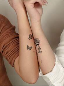 12入女士高品質仿真黑蝴蝶刺青貼紙套裝,防水,適用於手臂、手指、背部、鎖骨 - 黑色 - 查看 6