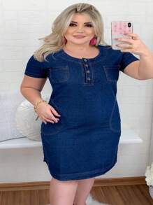 Women Denim Dresses - Medium Wash - View 1