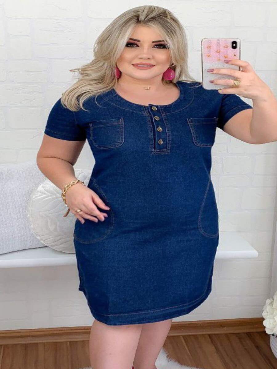 Women Denim Dresses - Medium Wash - View 1