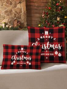 1入組黑色和紅色短毛絨靠墊套,裝飾有歡慶文字和彩色燈飾圖案,適用於節慶家居裝飾沙發靠墊汽車靠墊靠墊套替代品 - 彩色 - 查看 1