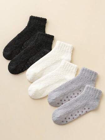 3双装女士多色加厚抓绒袜，防滑设计，适合冬季日常穿着，舒适保暖