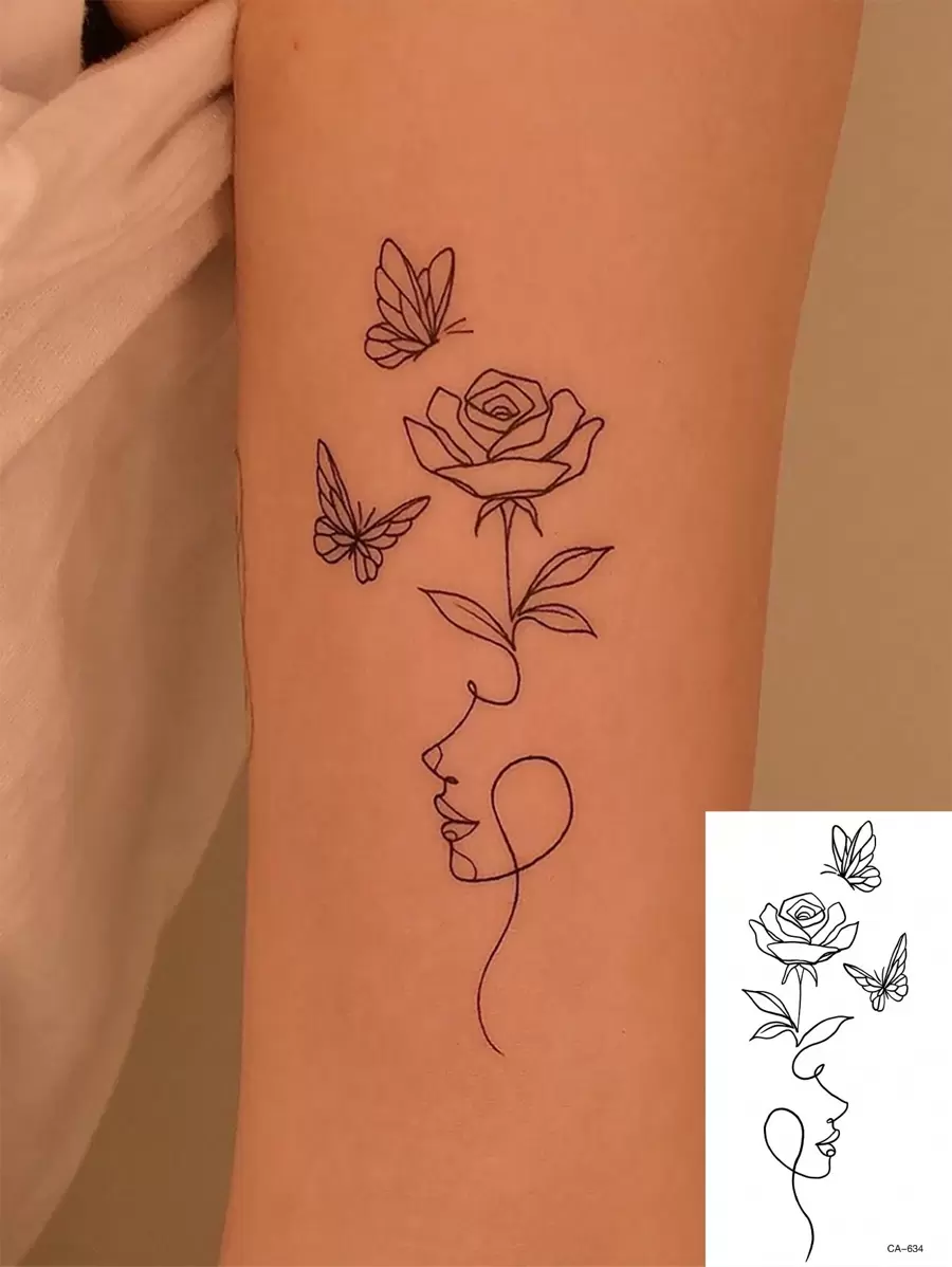 1 件防水、防汗、可水洗临时纹身贴纸，PVC 材质，炫酷侧面图案，带有花朵和蝴蝶设计，非常适合时尚人士日常使用 - 黑色 - 查看 1