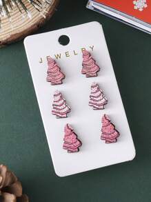 3pairs/set Retro Pink Cake & Christmas Tree Shaped Stud Earrings For Women, Xmas Themed Wooden Earrings - Pink - View 3