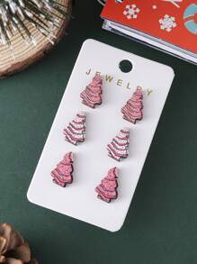 3pairs/set Retro Pink Cake & Christmas Tree Shaped Stud Earrings For Women, Xmas Themed Wooden Earrings - Pink - View 2