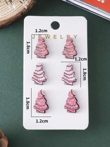 3pairs/set Retro Pink Cake & Christmas Tree Shaped Stud Earrings For Women, Xmas Themed Wooden Earrings - Pink - View 4