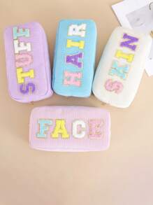 TRIP TIGER 1 件装少女女孩女士学院风贴片雪尼尔字母可爱紫色化妆盥洗袋物品收纳拉链化妆包旅行包