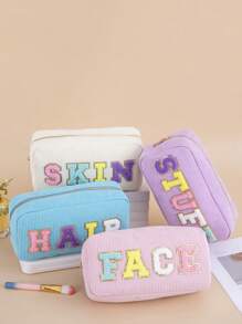 TRIP TIGER 1 件装少女女孩女士学院风贴片雪尼尔字母可爱紫色化妆盥洗袋物品收纳拉链化妆包旅行包
