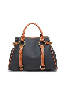 經典顏色對比手提包,女性大容量手提袋,柔軟的人造皮革斜跨包 - 黑色 - 查看 6