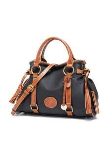 經典顏色對比手提包,女性大容量手提袋,柔軟的人造皮革斜跨包 - 黑色 - 查看 1