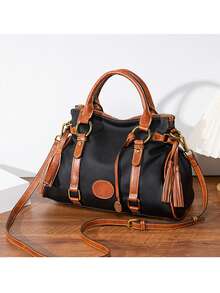 經典顏色對比手提包,女性大容量手提袋,柔軟的人造皮革斜跨包 - 黑色 - 查看 7