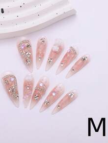 10入奢華手工l號長款美甲,蝴蝶花卉裝飾粉色美甲套裝,白玫瑰和閃閃發光的鑽石覆蓋透明假指甲 - 玫紅色 - 查看 2