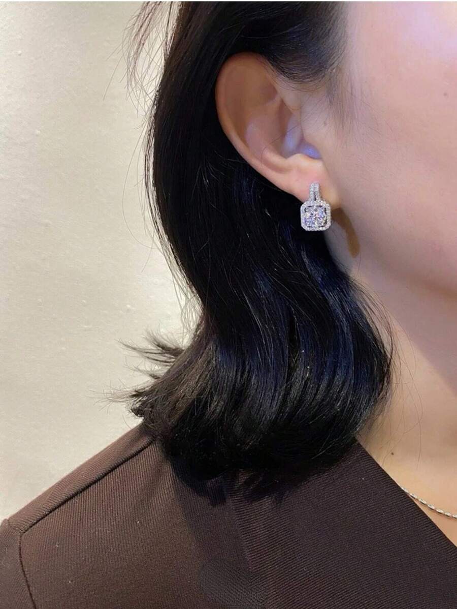 2 piezas Pendientes de botón redondos y cuadrados con cristales brillantes para mujer, para boda, fiesta, uso diario, joyería, accesorios elegantes y regales. Accesorios para el Día de San Valentín, verano, joyería, festival, accesorios - Plateado - Ver 1