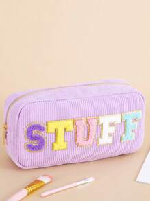 TRIP TIGER 1 件装少女女孩女士学院风贴片雪尼尔字母可爱紫色化妆盥洗袋物品收纳拉链化妆包旅行包
