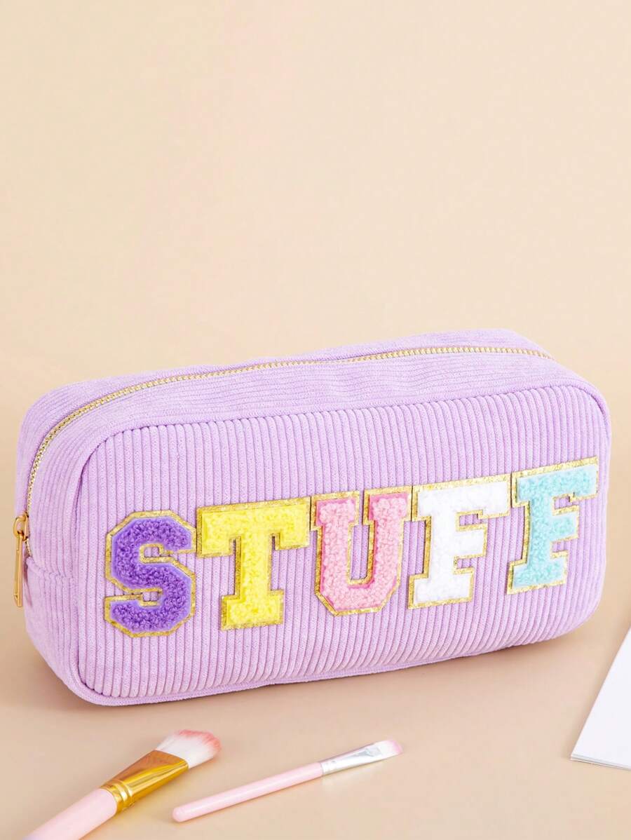 TRIP TIGER 1 件装少女女孩女士学院风贴片雪尼尔字母可爱紫色化妆盥洗袋物品收纳拉链化妆包旅行包