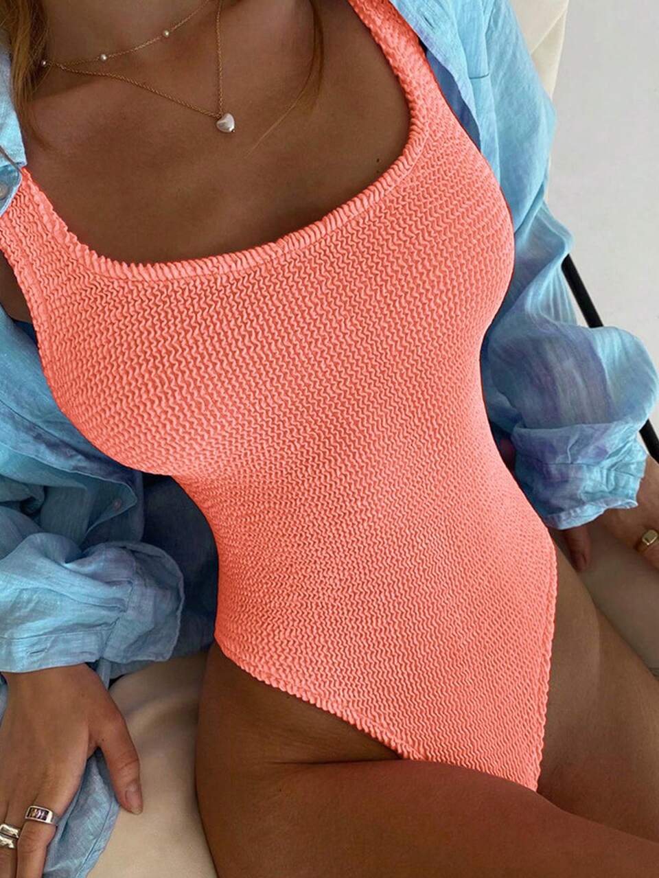 Women's 1pc Solid Textured Fabric Sexy Backless Athletic One Piece Swimsuit, Summer Beach Bathing Suit