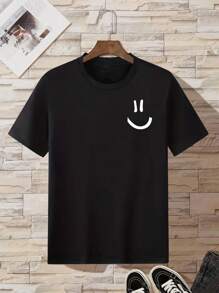 Hombres Camiseta de hombros caídos con estampado de expresión - Negro - Ver 2